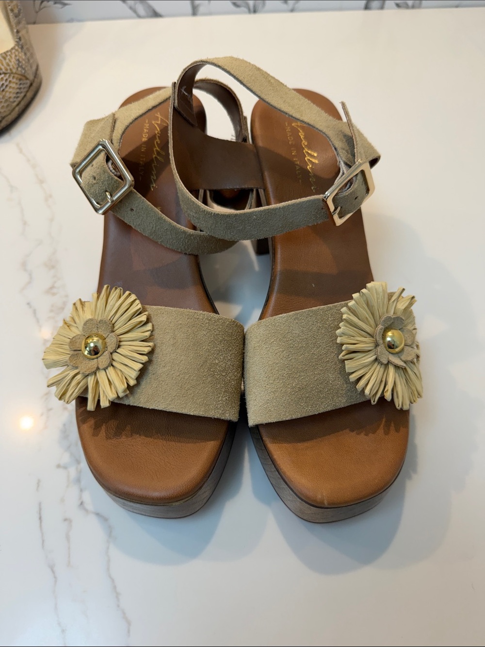 Women’s Suede Tan Flower Strap Sandals with Adjustable Ankle Buckle